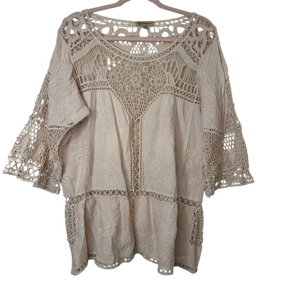 Lg Democracy Boho Crochet Embroidered Blouse Top Cream Tan Flowy Hippie Festival - Picture 1 of 6
